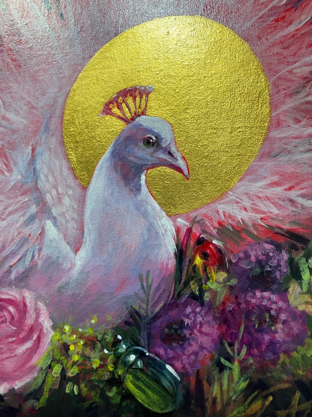 Original White peacock painting surreal art bouquet floral still life - Picture 2 of 8